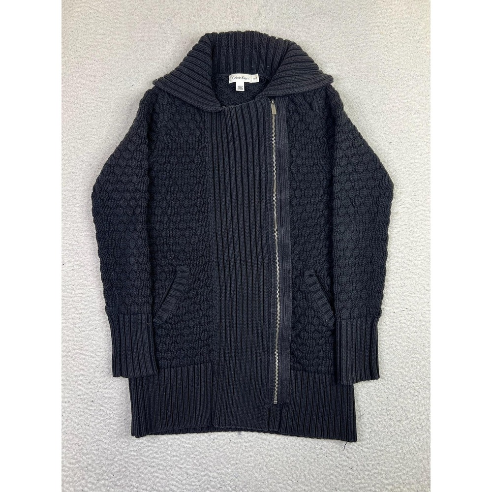 Calvin Klein Sweater Womens‎ XS Black Chunky Knit Shawl Collar Full Zip Cardigan